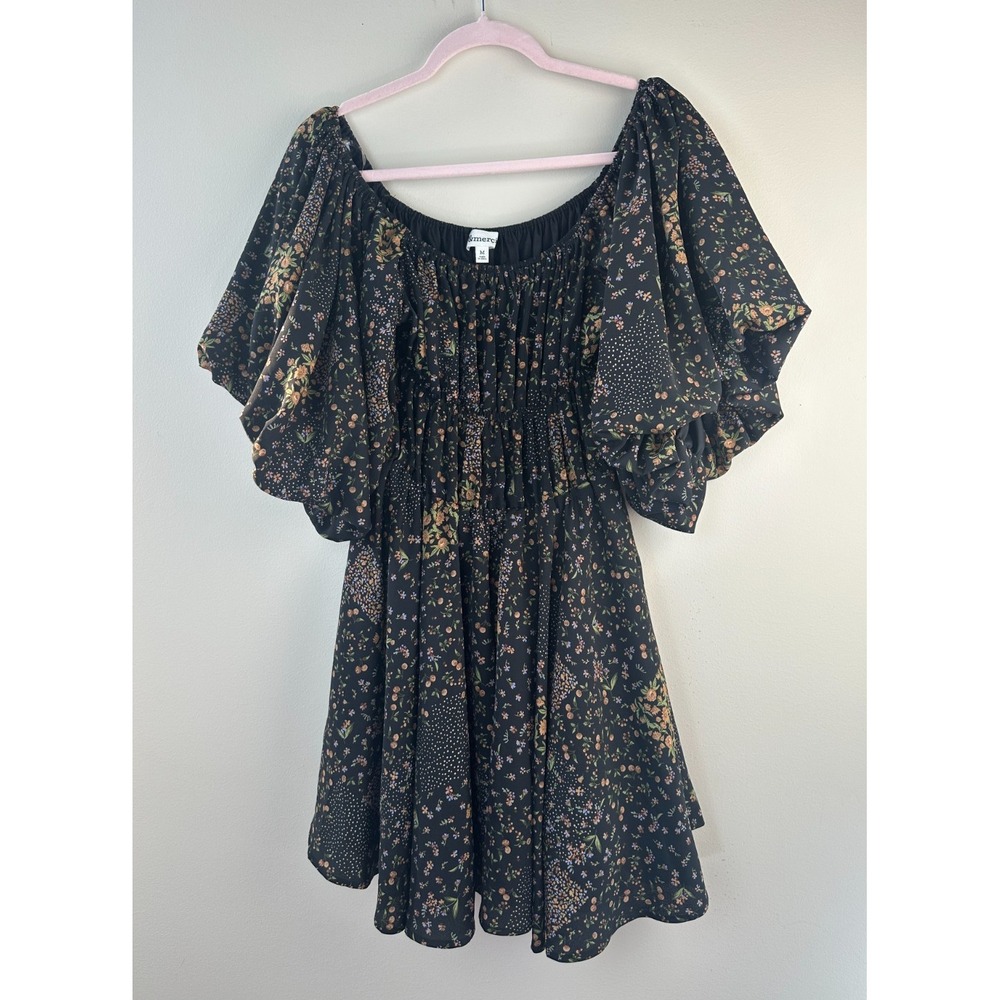 &merci Off the Shoulder Smocked Mini Dress Black Medium Floral Puff Sleeve Boho - Picture 10 of 10